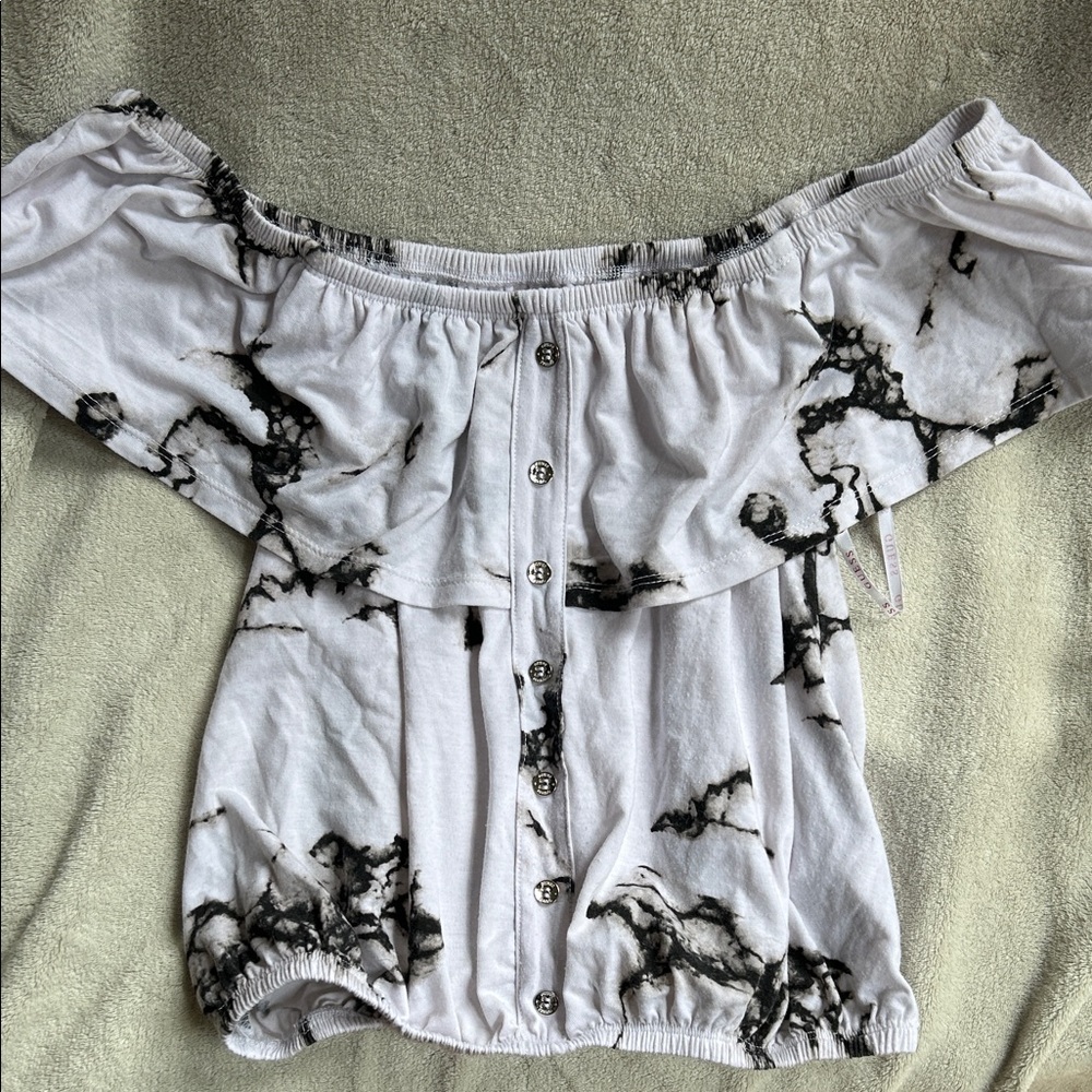 Off-Shoulder White and Black Tie-Dye Women's Top from GUESS